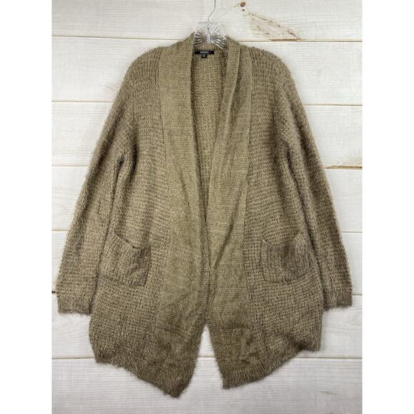 XOXO Fuzzy Cardigan Sweater Sz S Tan Pockets Long Duster Open Front Warm Knit - Picture 1 of 8
